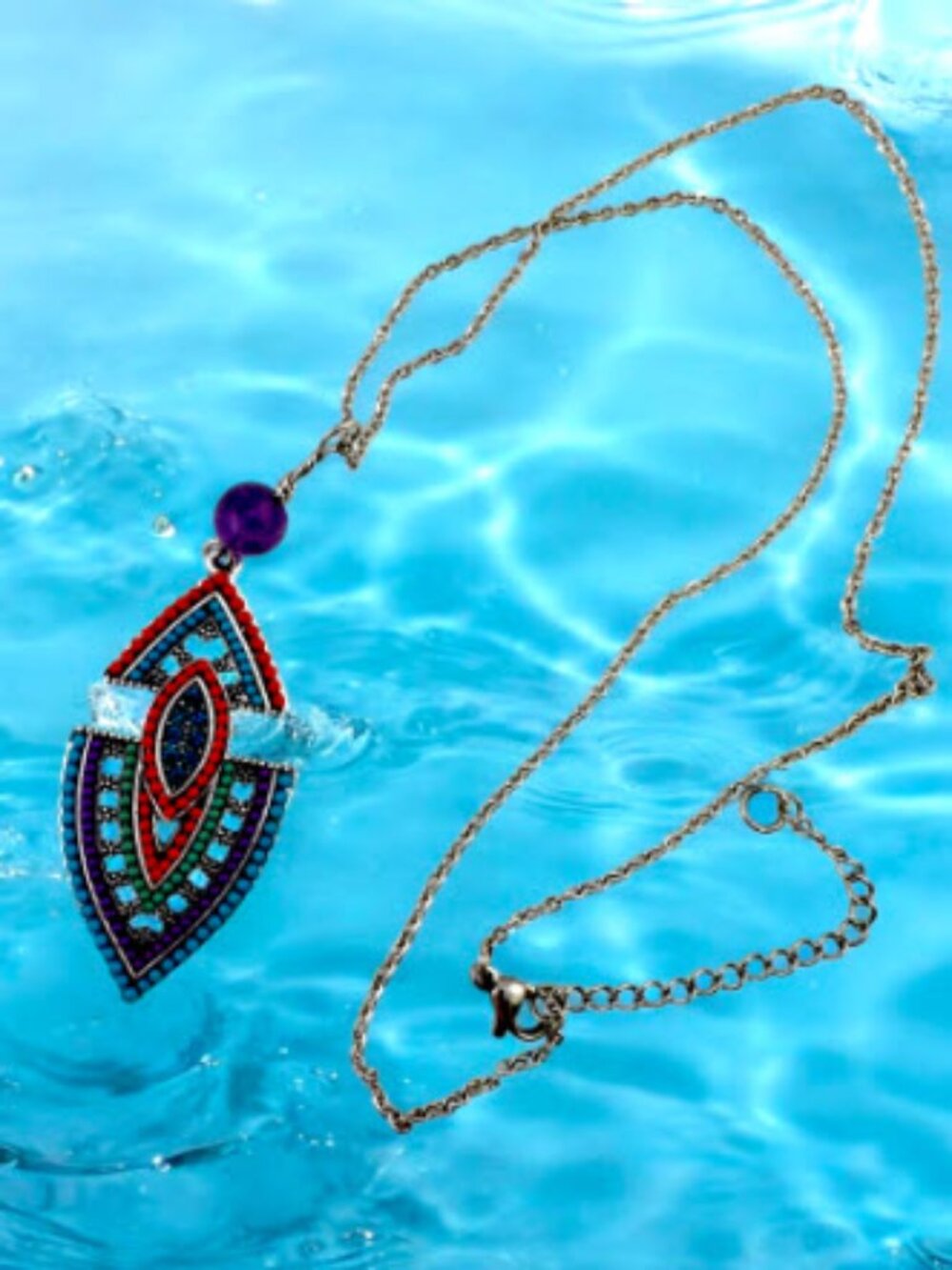 Southwestern Pendant Necklace Amethyst Gemstone Stainless Steel Chain